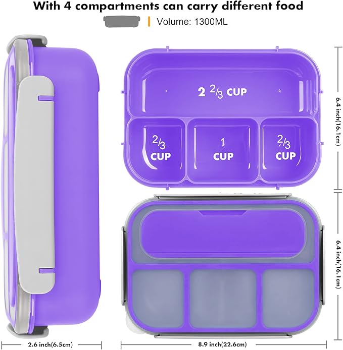 Bento Box, Lunch Box Kids, 1300ML with 4 Compartment&Food Picks Cake Cups, Containers for Adults/Kids/Toddler, Leak-Proof, Microwave/Dishwasher/Freezer Safe(Purple)