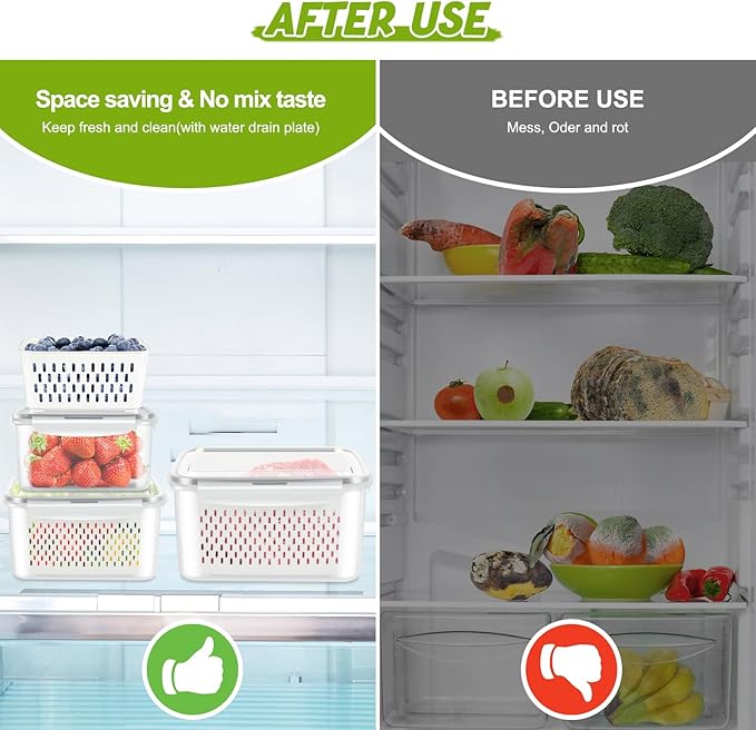 3 Pack Fridge Berry Storage Container with Lids with Strainer, Plastic Fresh Produce Saver Keeper for Vegetable Fruit Meat Lettuce, BPA Free Kitchen Refrigerator Organization (3.15L+1.7L+0.8L)