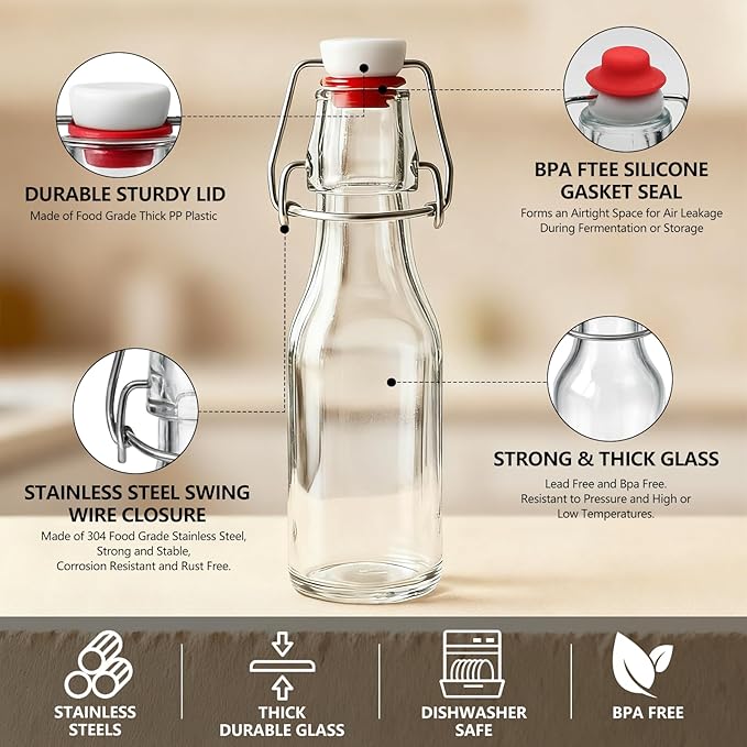 Ruckae 12 Pack 8.5oz Swing Top Glass Bottles with Lids Kombucha Coquito Flip Top Glass Bottle for Syrup Vanilla Extract Brew Beer Kefir Air Tight Bottles for Gift (8.5 oz 12 pack)