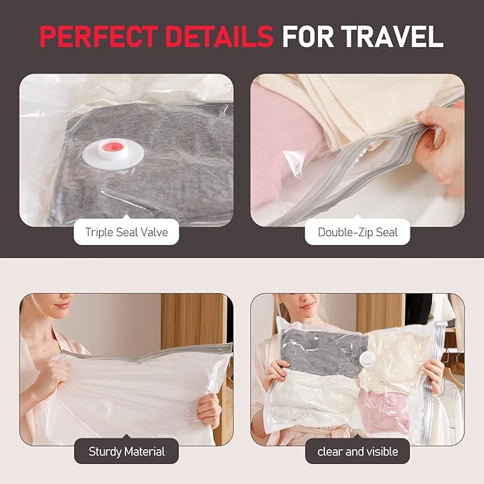 Vacuum Storage Bags for Travel, 12 Pack Vacuum Seal Bags for Clothing Travel, Vacuum Sealer Bags with High Pressure Electric Pump, Portable Space Saver Bags for Luggage Traveling