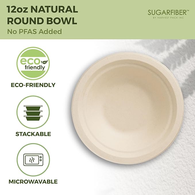[50 Count] Harvest Pack PFAS Free 12oz Round Paper Bowls - Compostable Heavy-Duty Eco-Friendly Disposable Bagasse Bowls Sugarcane Natural Plant fibers for Meal Prep Takeout Dinnerware