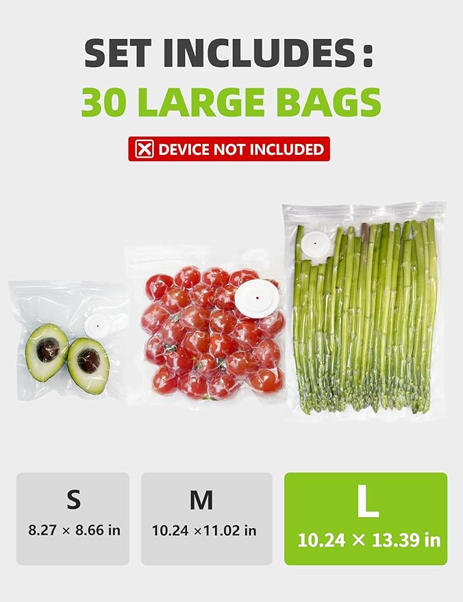 Vacuum Sealer Bags, Reusable Vacuum Zipper Bag, BPA Free Heavy Duty Vacuum Storage Bag for Food 15 Bags (15 Large Bags (10.24x13.39 in))