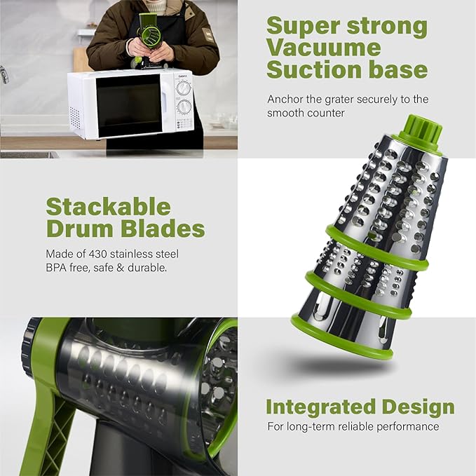 Rotary Cheese Grater hand crank, 3 Blades Cheese shredder with Stronger Suction Base | Stainless Steel Blades for Fruits, Vegetables, Nuts. Easy to Clean, Transparent Black & Green