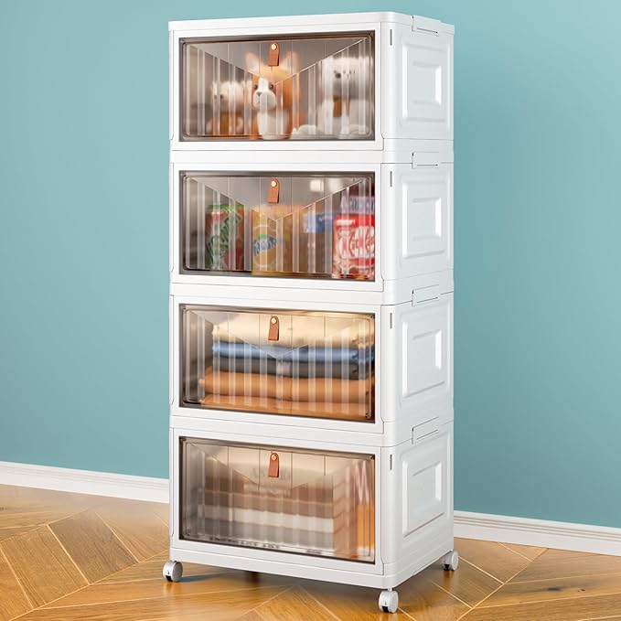 4 Tier Storage Bins with Lids, 23QT Stackable Closet Organizers and Storage with Wheels, Collapsible Storage Boxes, Foldable Plastic Storage Containers for Home,Office, Dorm Room-White
