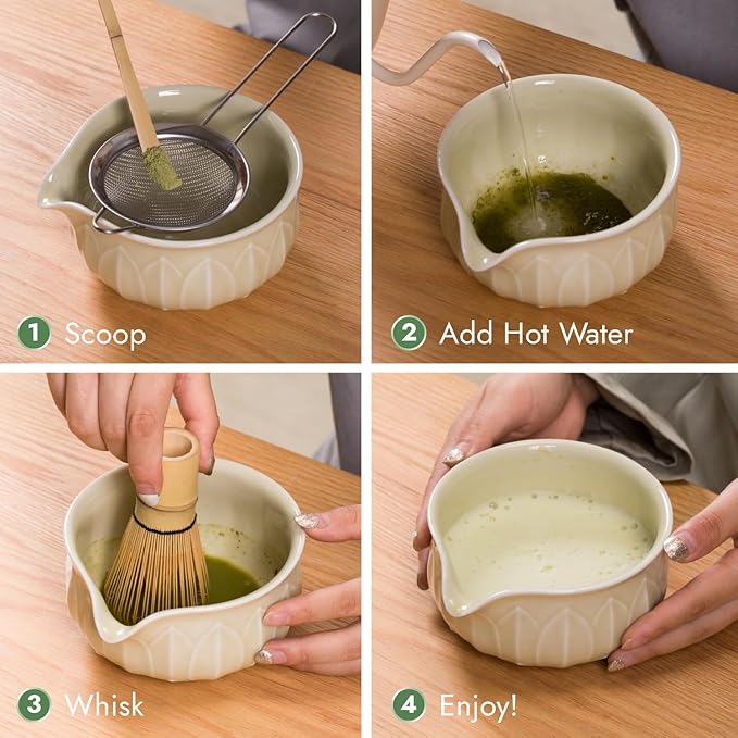 Matcha Whisk Set - 7pcs Japanese Tea Ceremony Kit with Spouted Bowl & Bamboo Whisk, Matcha Starter Kit for Beginners - Authentic Green Tea Accessories, Gift Set for Lovers-Pale Yellow
