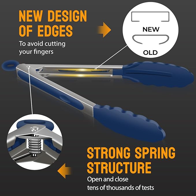 HOTEC Premium Stainless Steel Locking Kitchen Tongs with Silicon Tips, Set of 3-7", 9" and 12" (Classic Blue)