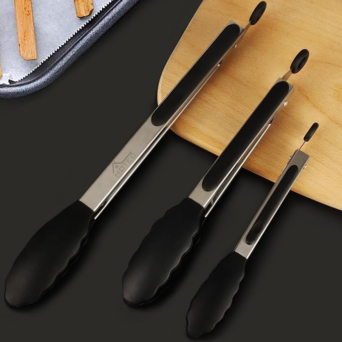 HOTEC Premium Stainless Steel Locking Kitchen Tongs with Silicon Tips, Heat Resistant Cooking Tongs Set of 3-7", 9" and 12" (Black)