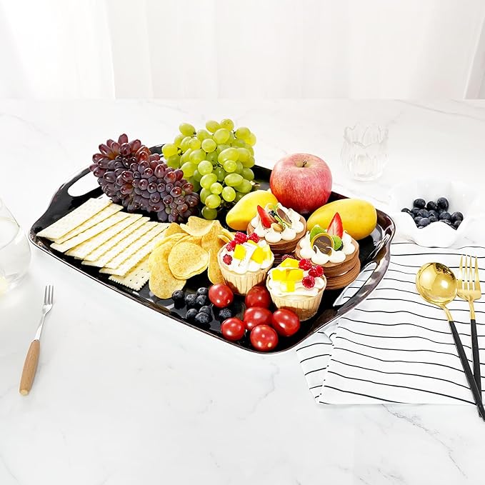 TP Serving Trays with Handles, 17 x 12 Inch Melamine Serving Platters for Food, Meat, Set of 2 Rectangular Trays for Eating, Retro Black