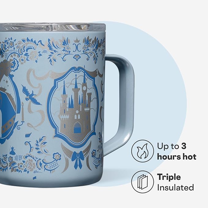 Corkcicle Classic Coffee Mug - Triple Insulated Stainless Steel for Travel - Shatter-Proof Lid - Keeps Drink Hot Over 3 Hours - Holiday Mug Gift - 16 oz - Princess Cinderella
