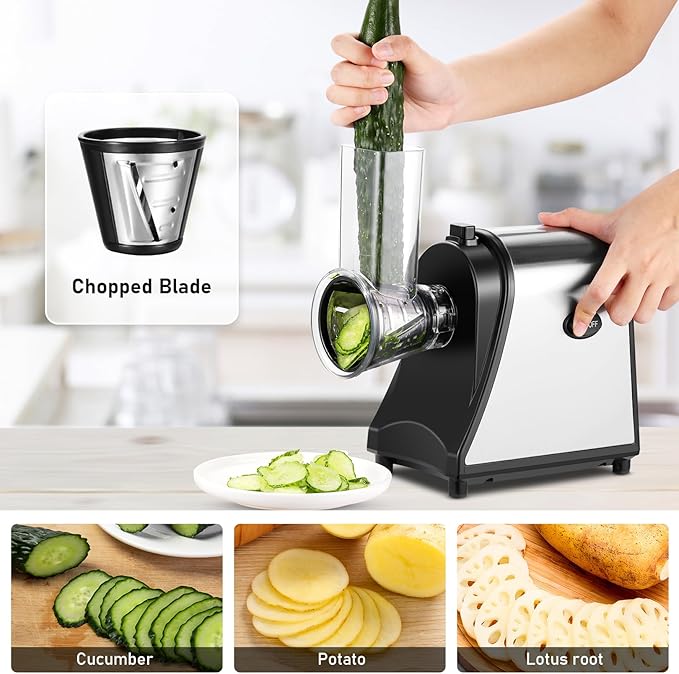 Electric Cheese Grater, Salad Maker With 5 Different Blades, 250W Electric Slicer Shredder for Home Kitchen Use, One-Touch Control Electric Grater for Cheeses, Fruits, Vegetables, BPA-Free