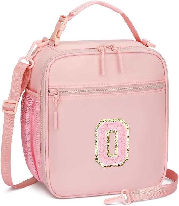 Initial Insulated Lunch Bag for Girls Kids, Back to School Gift, Reusable Leak-proof Lunch Box with Adjustable Strap for School Daycare Travel Picnic (Pink,O)