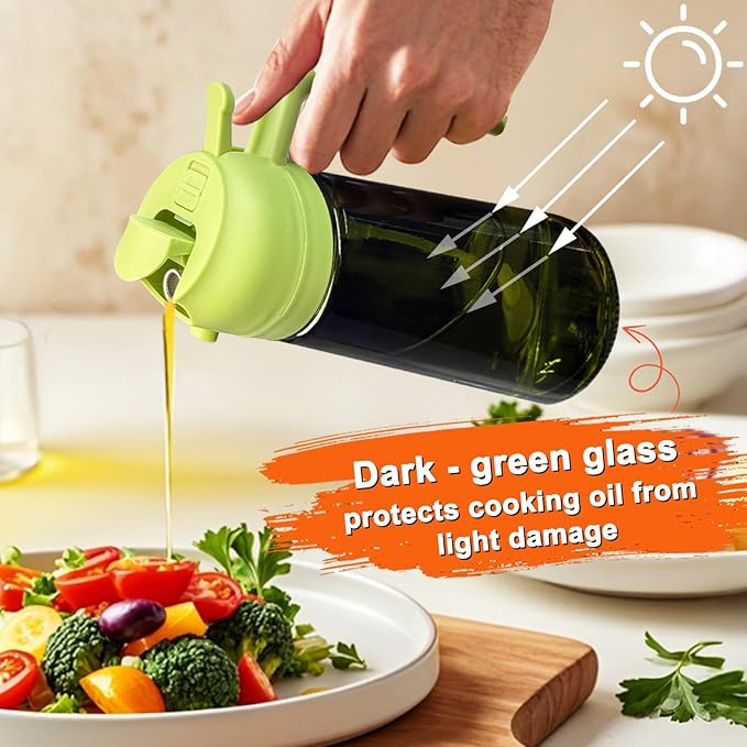 Oil Sprayer for Cooking, 2 in 1 Olive Oil Dispenser Bottle for Kitchen, 16oz/470ml Premium Glass, Food-grade Oil Mister for Air Fryer, Salad, Frying, BBQ (Green + Dark Green Bottle)