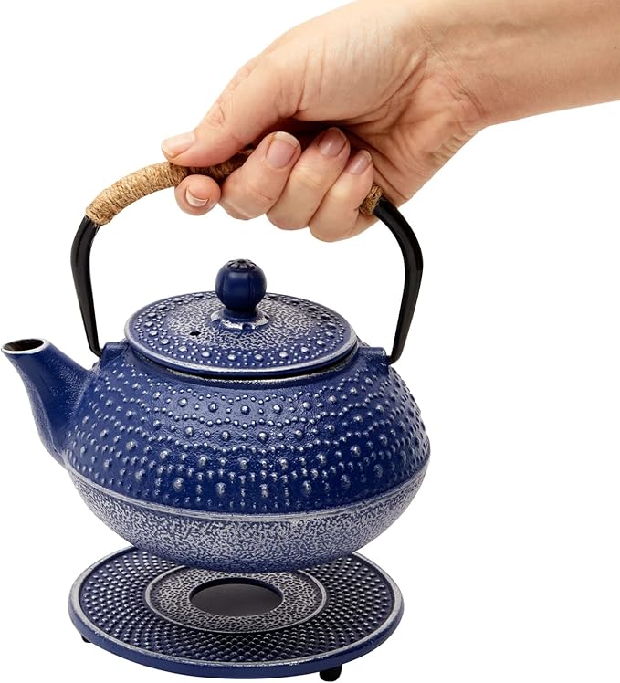 Juvale Cast Iron Teapot with Infuser - Blue, 27 oz (800 mL) - Stovetop Tea Kettle for Loose Leaf Tea - Includes Stainless Steel Infuser & Trivet