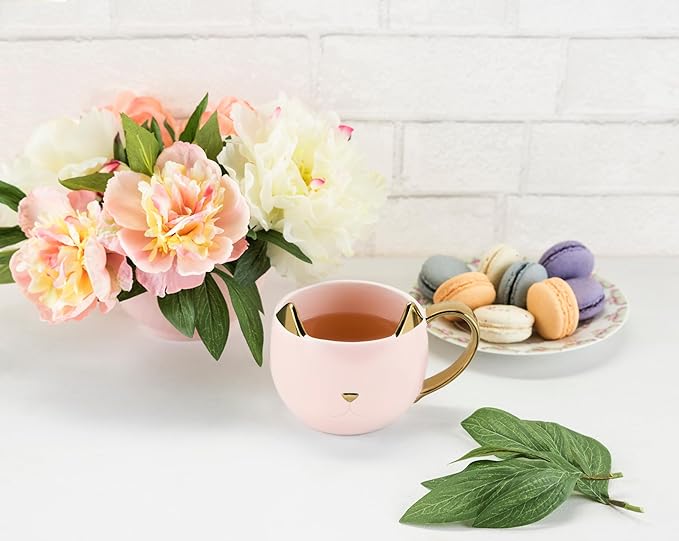 Pinky Up Chloe Cat Ceramic Coffee Mug, Tea Cups, Travel Mugs for Cappuccino, Latte, Hot Chocolate, Milk, Herbal Teas, 12 oz, Set of 1, Pink