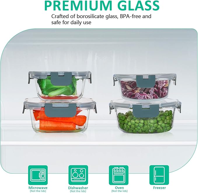 KOMUEE 24 Pieces Glass Food Storage Containers Set,Meal Prep Containers-Stackable Airtight Glass Storage Containers with lids,Freezer, Microwave, Oven Safe,Gray