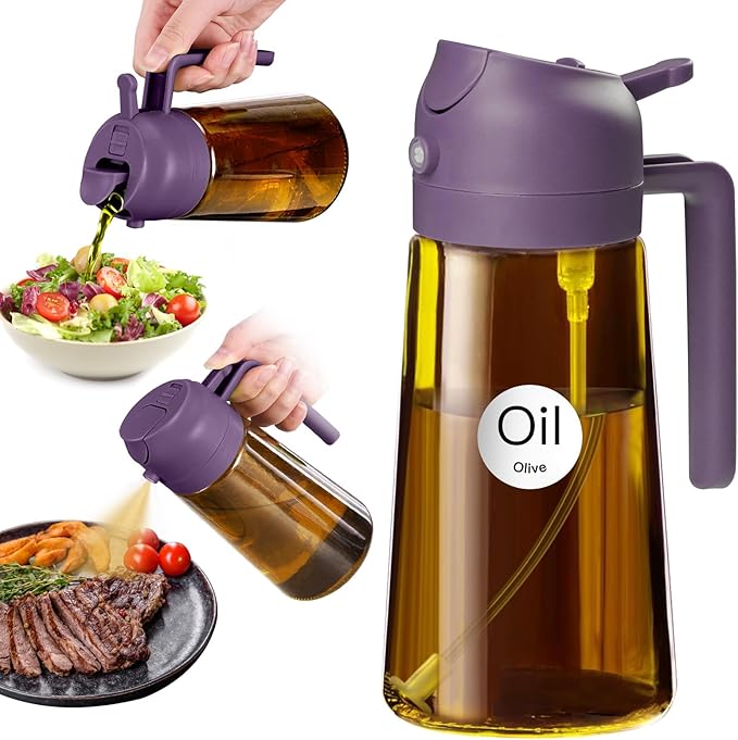 YARRAMATE 16oz/470ml Dark Brown Oil Sprayer for Cooking with Stickers, Food-grade Premium 2 in 1 Olive Oil Dispenser Bottle for Kitchen Gadgets, Air Fryer, Salad, Frying, BBQ (Purple)