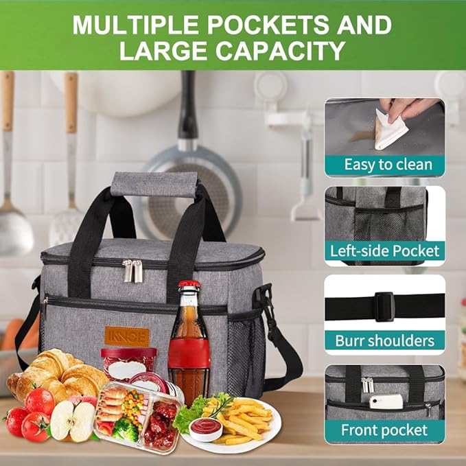 iknoe Insulated Lunch Bag, Foldable 8.5L Cooler Bag for Men & Women, Leakproof Thermal Design, Great for Office, Picnic, Travel, Lunch Box, Grey