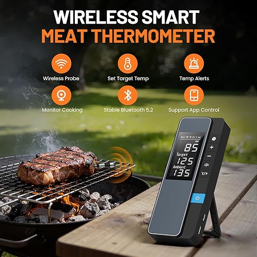 Smart Bluetooth Wireless Meat Thermometer, Real-Time Monitoring Control Digital Thermometer with Smart App, Meat Probe IP67 Waterproof High Accuracy Perfect for BBQ, Oven, Grill & Smoker