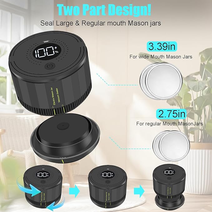 Electric Mason Jar Vacuum Sealer, Auto Stop Mason Jar Vacuum Sealer Kit for Wide Mouth and Regular Mouth canning lids with Food Storage Labels for Freshness and Preservation