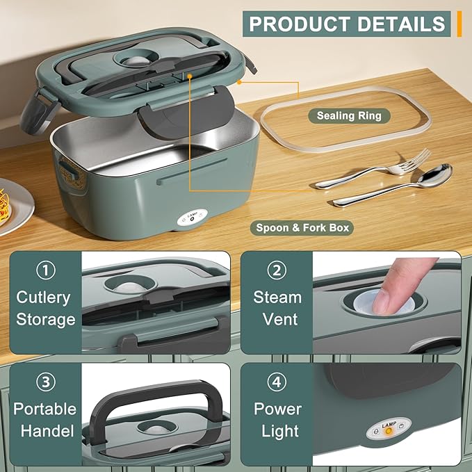 Monteka Electric Lunch Box Food Heater - Leakproof Portable Food Warmer heated lunch box for adults for Car/Home/Truck with 1.5L Removable Stainless Steel Container, 12V/24V/110V, Green
