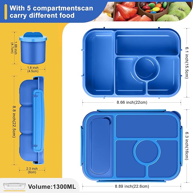 Bento Box Adult Lunch Box Kids,Lunch Containers for Adults/Kids/Toddler,5 Compartments Bento Lunch Box with Sauce Vontainers,Microwave & Dishwasher & Freezer Safe,BPA-Free (Navy)