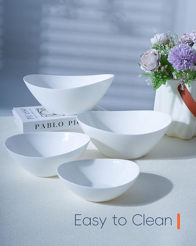 66 OZ Salad Bowl Set of 2, Opal Glass 10 inch Lightweight Serving Dishes for Salad, Fruit, Kitchen Microwave & Dishwasher Safe, Oval Shape White