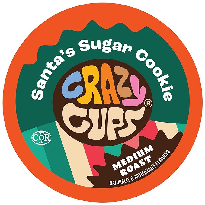 Crazy Cups Flavored Coffee Pods - Santa's Sugar Cookie Coffee, Holiday Blend, Medium Roast, Single Serve for Keurig K-Cup Machines, 22 Count in Recyclable Pods