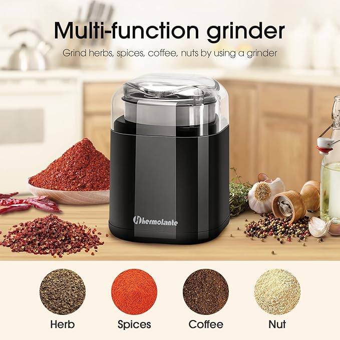 Herb Grinder Spice Grinder, 200 w Herb Grinder with Stainless Steel Blade and Cleaning Brush, Compact Size Electric Grinder for Herbs and Spices -5.11in (Black)