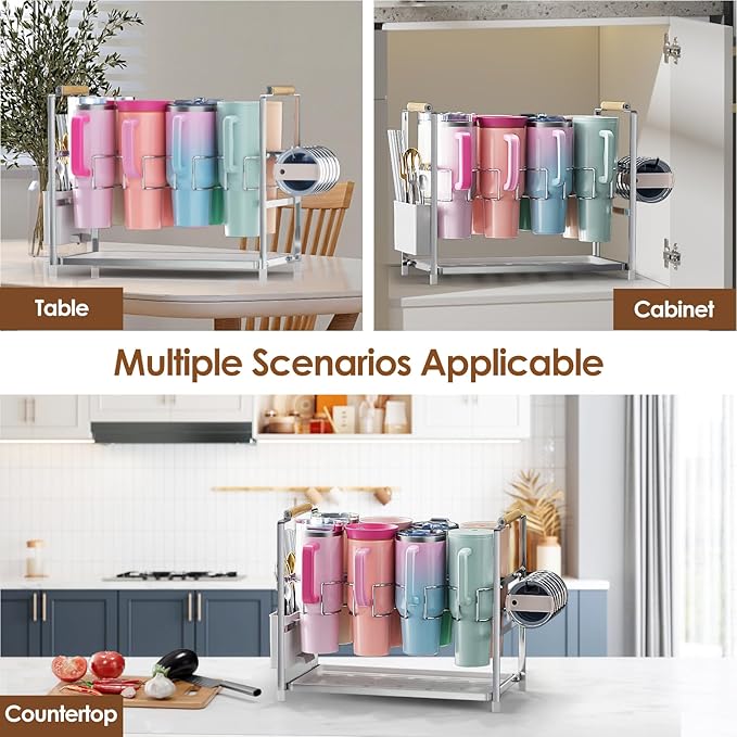 Housolution Water Bottle Organizer Drying Rack for 40 oz Tumbler with Handle, Multifunctional Cup Storage Holder Compatible with Stanley, Owala, Simple Modern and Other Brands, Silver(Patented)