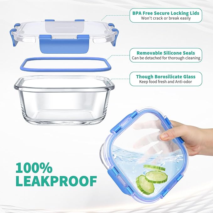 34pcs Glass Food Storage Containers with Lids Set,Airtight Glass Meal Prep Containers (17 Containers&17 Lids),Leak Proof Lunch Containers BPA-Free,Microwave,Oven,Freezer&Dishwasher,Blue