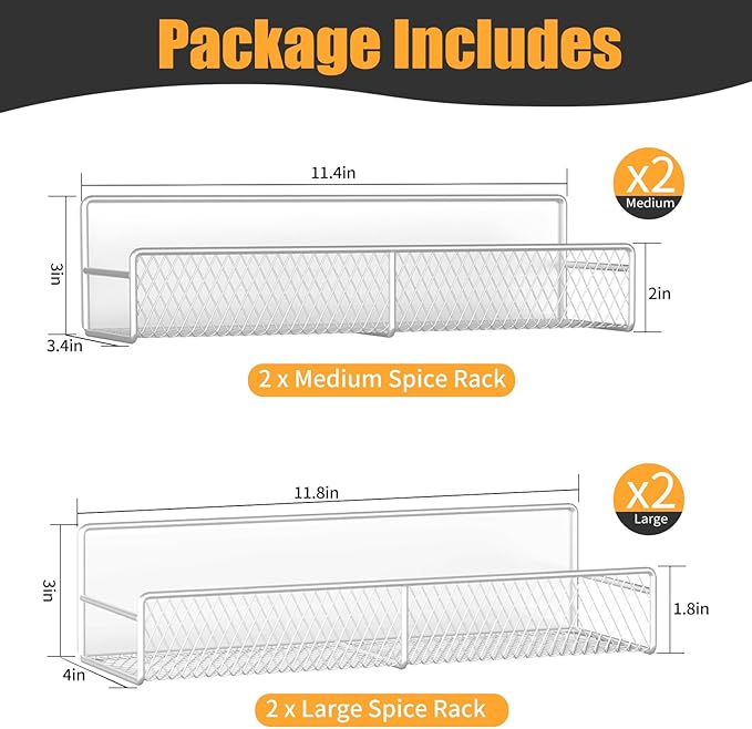 Magnetic Spice Rack for Refrigerator, 4 Pack 100% Metal Strong Magnet Fridge Shelves, Space Saving Spice Organizer, No Drilling Moveable Home Kitchen Laundry Room Storage Organization, White