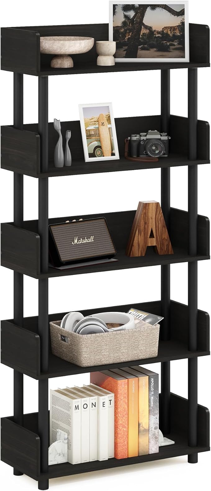 Furinno TURN-N-TUBE 5-Tier Display Shelf, Storage Shelves, Book Shelf, Open Shelves with Rounded Corner Top Edges, for Organization and Storage, Living Room, Home Office, Espresso