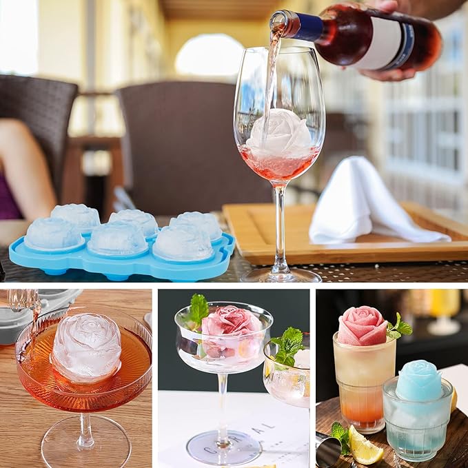 Ice Cube Tray, Mikiwon 2 inch Rose Ice Cube Trays With Covers, 6 Cavity Silicone Rose Ice Ball Maker, Easy Release Large Ice Cube Form for Chilled Cocktails, Whiskey, Bourbon & Homemade Juice (Blue)