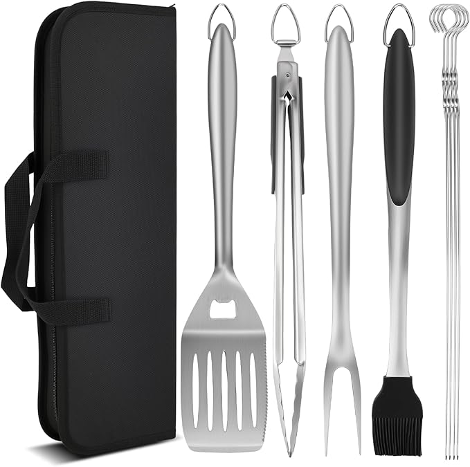 9PCS Stainless Steel Grill Accessories Set, Grilling Gifts for Men Dad Birthday Christmas, Durable BBQ Grill Tools Kit for Outdoor Grill & Camping with Portable Bag, Spatula, Tongs, Skewer & More