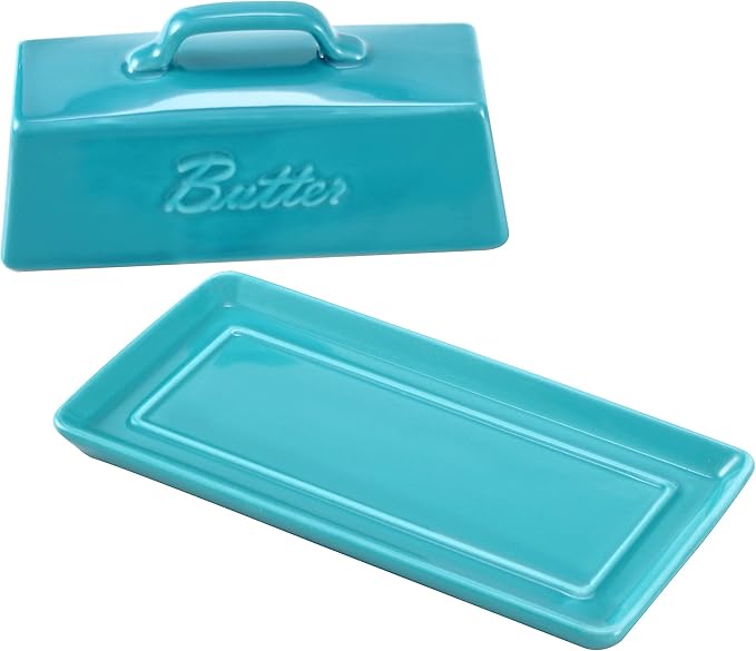 Bruntmor Porcelain Butter Keeper With Handle Cover, French Butter Dish Ceramic Butter Holder Container for Countertop, Butter Dish with Lid, Teal