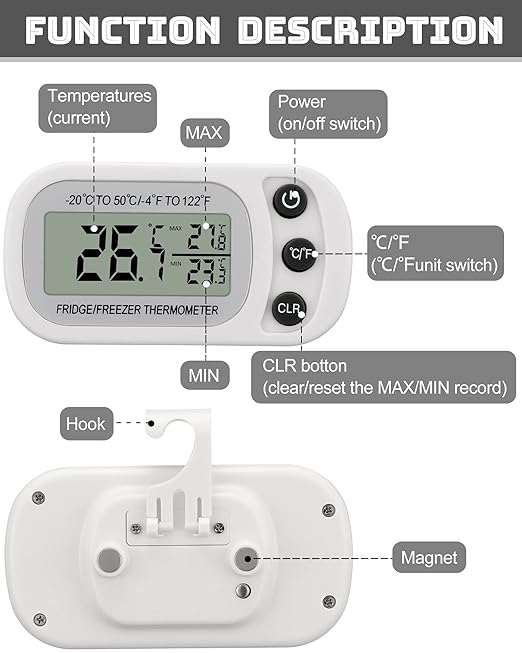 Frienda 12 Pack White Digital Fridge Thermometer Waterproof Refrigerator and Freezer Room Max/min Record Function LCD Screen Refrigerator Thermometer with Hook and Magnetic Back for Home
