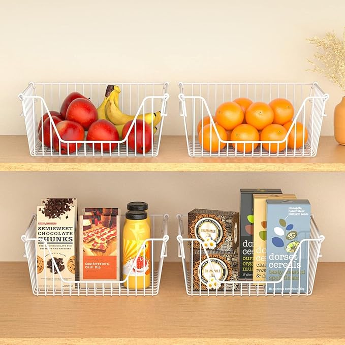 SANNO Large Stackable Wire Baskets Stacking Bins for Vegetable Storage Pantry, Fridge, and Bathroom Organization,3 pack, White