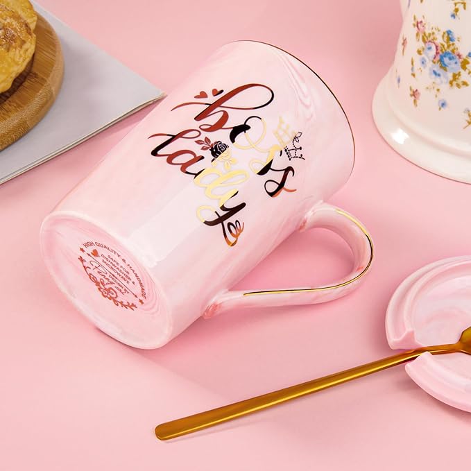 Biching Boss Lady Gifts for Women - Unique Birthday Gift for Women, Friend, Coworkers, Colleagues, Boss Female - Appreciation Mothers Day Gifts - 14Oz Marble Ceramic Coffee Mug Pink