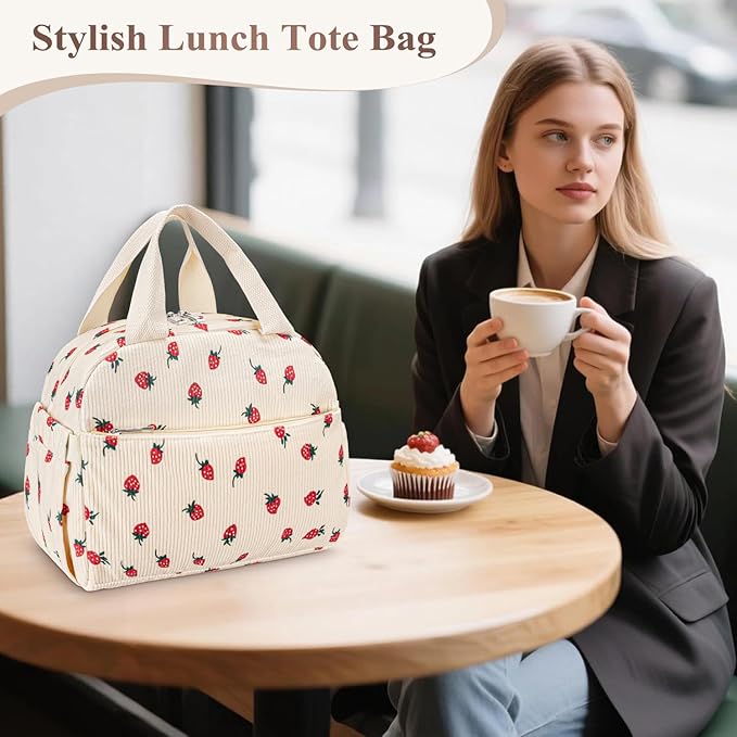 Lunch Bag Lunch Box for Women Adults Men, Cute Strawberry Corduroy Insulated Reusable Work Leakproof Simple Large Lunch Boxes Tote Bag Cooler Bag