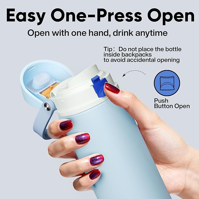 ENCOOL Insulated Water Bottle with Straw Stainless Steel Water Bottle with Push Button Lid, Leak-Proof & BPA-Free, Keeps Cold for 24 Hours for Sports, Travel, Gym (24 oz, Hazy Blue-Blue)