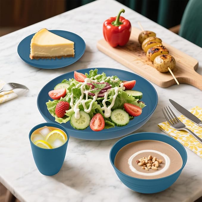 Wheat Straw Dinnerware Sets, 32 PCS Dishes Set for 8, Unbreakable Lightweight Reusable Plates and Bowls Sets for Kitchen Outdoors RV Camping Patio, Dishwasher & Microwave Safe - Blue