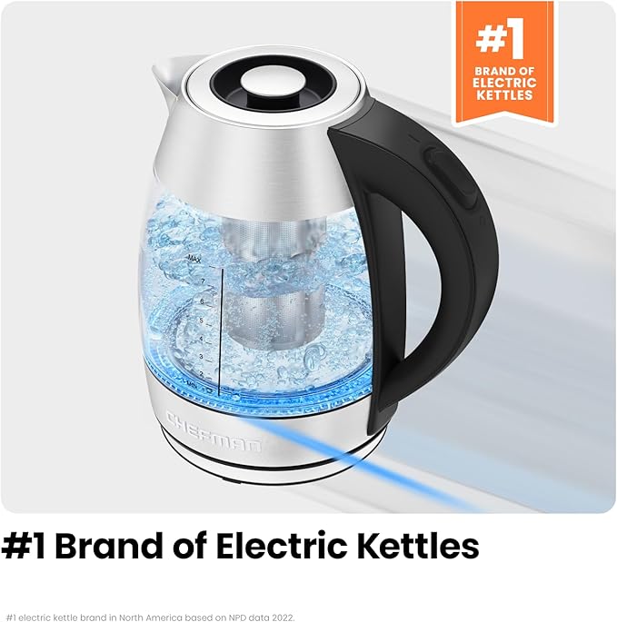 Chefman Electric Kettle for Boiling Water, 1.8L 1500W, Removable Tea Infuser, Auto Shut Off, Boil-Dry Protection, BPA Free, Borosilicate Glass, Hot Water Boiler, Electric Tea Kettle - Stainless Steel