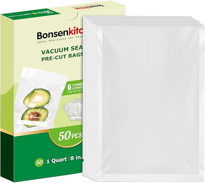 Bonsenkitchen Vacuum Sealer Bags, 50 Quart 8" x 12" Precut Food Sealer Bags, Commercial Grade, BPA Free, Heavy Duty, Customized Size Vacuum Bags for Vac Storage, Meal Prep or Sous Vide Cooking, VB12