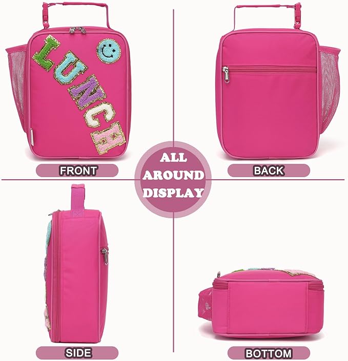 FlowFly Lunch box Insulated Soft Bag Mini Cooler Back to School Thermal Meal Tote Kit With Buckle and Mesh Side Pocket for Girls, Boys, RoseRedWithLetter