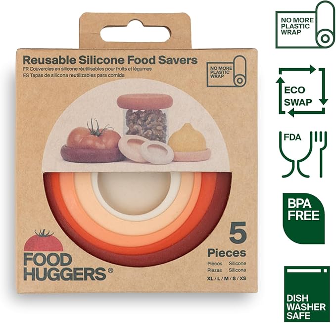Food Huggers 5pc Reusable Silicone Food Savers | BPA Free & Dishwasher Safe | Fruit & Vegetable Produce Storage for Onion, Tomato, Lemon, Banana, Cans & More | Round, Terracotta