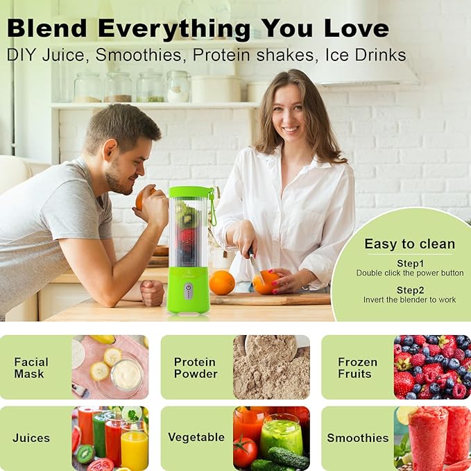 COKUNST Portable Blender, USB Rechargeable Personal Blender for Smoothies, 16 OZ Mini Juicer Mixer with 6 Blades, Small Blenders Cup with 2 Lids, Shake Bottle for Travel, Office, Gym, Kitchen Green
