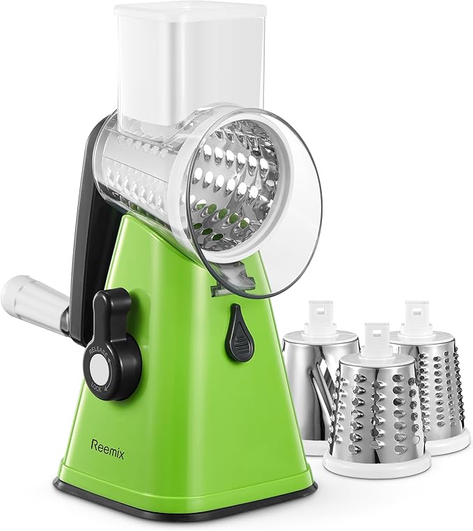 Rotary Cheese Grater with Handle, Reemix Vegetable Cheese Shredder Slicer Grater for Kitchen 3 Changeable Blades for Cheese Potato Zucchini Nuts Chocolate (Green)