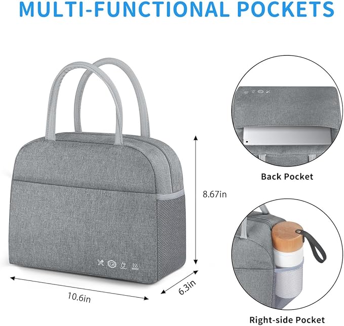 DALINDA Lunch Bag Lunch Box for Women Men Reusable Insulated Cooler Lunch Tote Bags, Leakproof Cute LunchBag Large Capacity for Work Travel Picnic,Grey