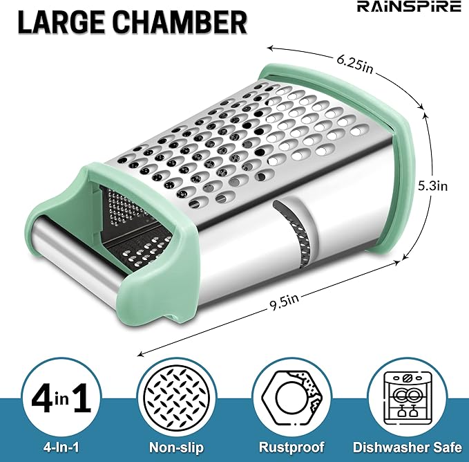 Rainspire Professional Box Grater, Cheese Grater Box for Kitchen Stainless Steel with 4 Sides, Cheese and Spice Graters with Handle for Vegetables, Ginger, Potatoes, Mint