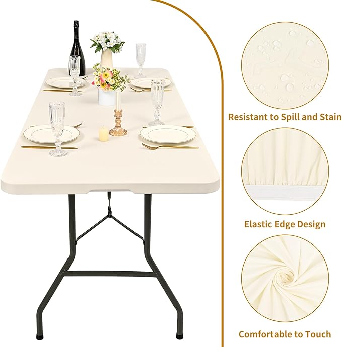 10 Pack Fitted Tablecloth for 6 Foot Rectangle Tables, Ivory Elastic Outdoor Picnic Table Cover, Washable Stretch Folding Table Cloths 6 ft for Camping Party Patio Kitchen Banquet, 30" W x 72" L
